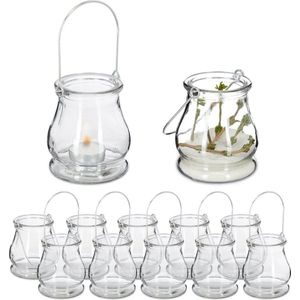 Relaxdays windlicht lantaarn - set van 12 - met hengsel - binnen - buiten - 10 x 8,5 cm - glas