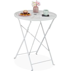 Relaxdays balkontafel, met parasolgat, terrazzo patroon, HxØ: 71,5 x 60,5 cm, staal, inklapbaar, ronde tuintafel, wit