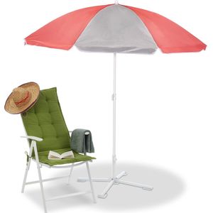 Relaxdays parasol, Ø 160cm, hoogte verstelbaar, kantelbaar, uv-bescherming, polyester, staal, stokparasol, grijs/felroze
