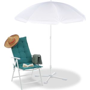 Relaxdays parasol 160 cm - ronde stokparasol met knikarm - witte strandparasol - camping