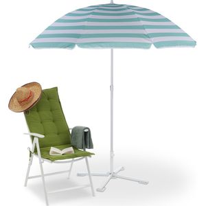 Relaxdays parasol, Ø 160 cm, hoogte verstelbaar, kantelbaar, strandparasol met draagtas, polyester, staal, wit/turquoise