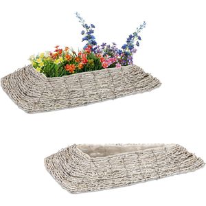 Relaxdays plantenbak - set van 2 - rotan - bloempot - met folie - driehoekig- wit/natuur