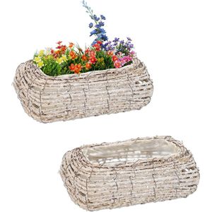 Relaxdays plantenbak set van 2, rotan, balkonbakken met folie, HxBxD: 10x25x15 cm, rechthoekig, voor binnen, wit/natuur