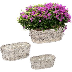 Relaxdays plantenbak - 3 stuks - rotan - bloempot - ovaal - met folie - witte look