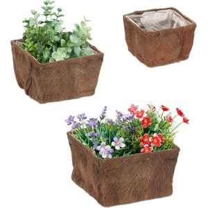 Relaxdays bloempot vierkant - set van 3 - plantenpot naturel - kleine bloembak kokosvezels