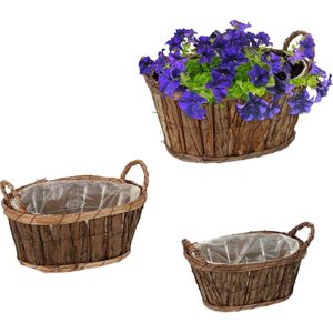 Relaxdays bloempot set van 3, ovaal, voor bloemen & planten, binnenpotten met folie, andere groottes, hout, natuur