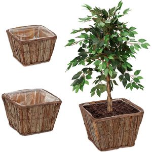 Relaxdays bloempot set van 3, schors, voor bloemen en planten, plantenbakken met folie, rechthoekig, hout, natuur