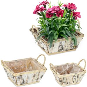 Relaxdays bloempot, set van 3, berkenhout, plantenbakjes met folie, rechthoekig, voor binnen en buiten, wit/natuur