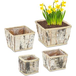 Relaxdays bloempot hout - set van 4 - plantenpot woonkamer - kleine sierbak - voordeur