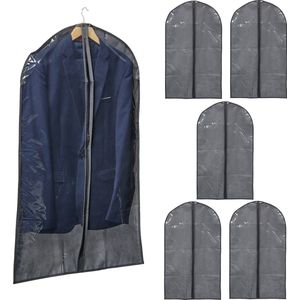 Relaxdays kledinghoes set van 6, 100 x 60 cm, met ritssluiting, voor pakken, jurken, hemden & meer, grijs/transparant