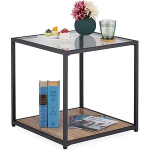 Relaxdays Salontafel vierkant met 2 planken van metaal en glas, 50 x 50 x 50 cm, zwart/natuur