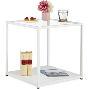Relaxdays Bijzettafel vierkant, 2 legplanken, h x d: 50x50x50cm, glasplaat, metalen frame, woonkamer salontafel, wit