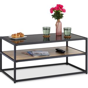 Relaxdays Salontafel met glasplaat, metalen frame, tafelblad in houtlook, 42 x 90 x 49,5 cm (h x b x d), zwart/bruin, vezelplaat