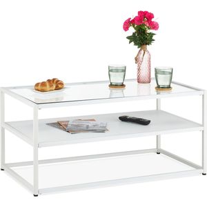 Relaxdays salontafel met glazen tafelblad, modern, metalen frame, vak met houtlook, H x B x D: 42 x 90 x 49,5 cm, wit