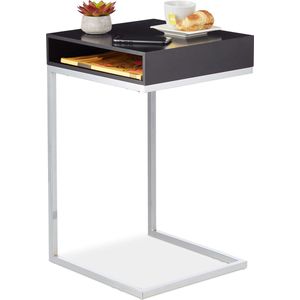 Relaxdays Bijzettafel, C-vorm, 63 x 37 x 38 cm (h x b x d), differentiële salontafel, MDF en metaal, opbergvak, zwart/zilver