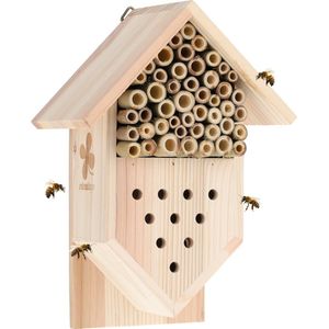 Relaxdays insectenhotel, dennenhout, tuin & balkon, HBD: 27x19x12,5 cm, bamboe staafjes, nesthulp insecten, natuur