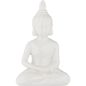 Relaxdays Boeddhabeeld, 17 cm hoog, tuinbeeld, weervast en vorstbestendig, zittende Buddha, woondecoratie, wit