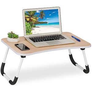 Relaxdays laptoptafel voor bed & bank, HxBxD: 26 x 63 x 40 cm, inklapbare bedtafel, MDF, ijzer, schoottafel, natuur