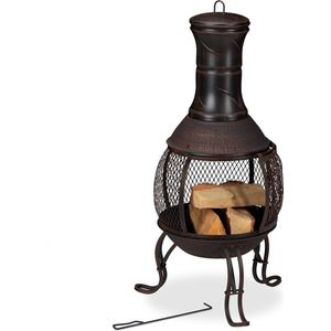 Relaxdays Terraskachel, staal en gietijzer, H x D: 88 x 36 cm, tuinhaard, vonkenbescherming, chiminea, Azteekse oven, rood/brons