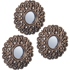 Relaxdays wandspiegel set van 3 - rond - antiek - Ø 25 cm - kunststof lijst - brons-zwart
