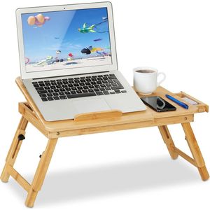 Relaxdays laptoptafel inklapbaar, bamboe, verstelbaar, met lade, voor bed, bank, schoot, & ontbijt op bedtafel, natuur