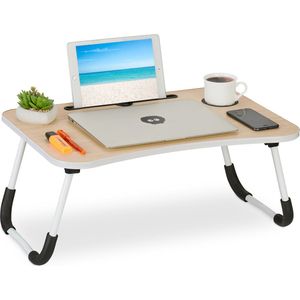 Relaxdays laptoptafel bank, inklapbaar, houder voor tablet & drankje, bedtafeltje, HBD: ca. 26x63x40 cm, lichtbruin/wit