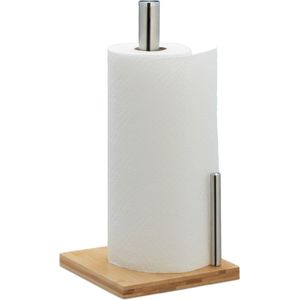Relaxdays keukenrolhouder staand - keukenpapierhouder bamboe rvs - aanrecht - modern
