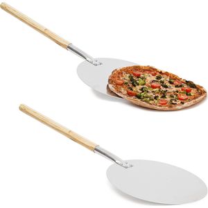 Relaxdays 2x pizzaschep rond aluminium - pizzaspatel - broodschep hout - pizza schep