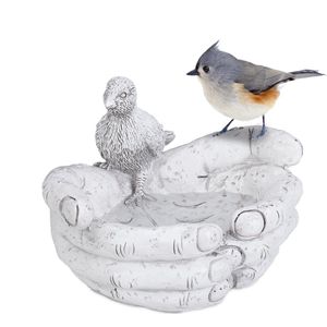 Relaxdays vogelbad handen, voederschaaltje voor vogels, ook als drinkschaal, voor wilde vogels, kunsthars, wit-grijs