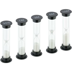 Relaxdays zandloperset - 5 stuks - korte tijdklok - 30 sec, 1/ 3/ 5/ 10 min - 9 x 2,5 cm - zand - kinderen