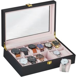 Horlogedoos - Zwart - MDF met Glazen Kijkvenster - Voor 12 Horloges