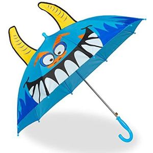 Relaxdays kinderparaplu, monster, Ø 78 cm, voor jongens & meisjes, polyester, metaal, kleine paraplu kinderen, blauw