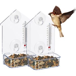 Relaxdays vogelvoederhuisje raam, set van 2, 2 zuignappen, voederhuisje met thermometer, HBD 17x11,5x5 cm, doorzichtig