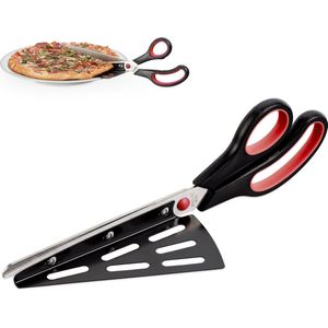 Relaxdays pizzaschaar met schep - zwart-rood - pizzasnijder rvs - keukenschaar ergonomisch