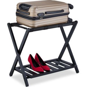 Relaxdays kofferrek hotel - zwart - kofferstandaard - bagagerek met schoenenplank - bamboe