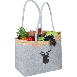 Relaxdays vilten tas, 35 liter, groot, boodschappentas & houtmand, opvouwbaar, met hert & 2 hengels, shopper, grijs