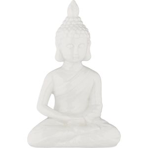 Relaxdays Boeddha tuinbeeld, 18 cm, zittende Buddha, zen tuindecoratie, weer- & vorstbestendig, binnen en buiten, wit