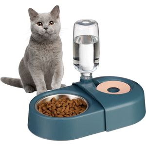 Relaxdays voerbak met waterdispenser, voor katten & kleine honden, 500 ml fles, rvs eetbak, drinkbak, antislip, blauw