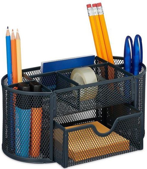 Relaxdays Schreibtisch Organizer, Büroorganisator mit Stiftehalter & Schublade, Metall, HBT: 10,5 x 22 x 11cm, anthrazit
