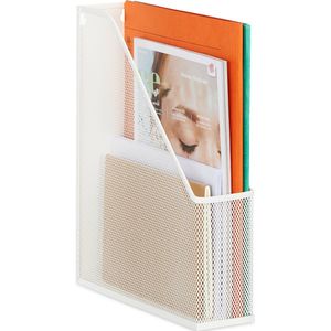 Relaxdays Tijdschriftenrek van metaal, DIN A4 31,5 x 7 x 25 cm (h x b x d), stabiele staande rugleuning, mesh-design, voor kantoor en thuiskantoor, wit