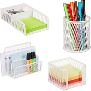 Relaxdays bureau organizer set, 4-delig, metaal, brievenhouder, memobox, papercliphouder en pennenbak, mesh design, wit