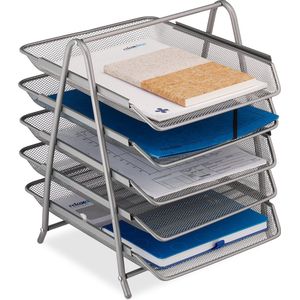 Relaxdays - Dokumentenablage, Papierablage für A4 Formate, 4 Fächer, 37,5 x 30 x 35 cm, Mesh-Design, Büro-Ablage, silber