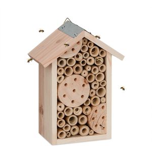 Relaxdays insectenhotel bijen, hout, tuin, balkon, hangend, HxBxD: 21 x 15,5 x 9 cm, bijenhotel met vulling, natuur