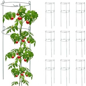 Relaxdays plantensteun set van 10, metaal, ronde klimhulp voor tomaten & rozen, H x Ø: 76 x 26 cm, met 2 ringen, groen
