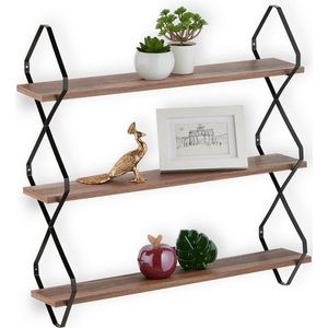 Relaxdays muurrek industrieel - 3 planken - 60 x 60 x 18,5 cm - keuken - mdf - metaal - bruin-zwart
