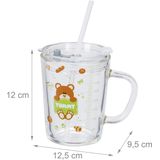 Relaxdays drinkglazen - set van 2 - beren design - kinderglazen - rietje - transparant