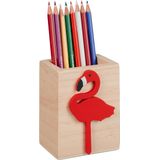 Relaxdays Flamingo houten potloodhouder, 10 x 8 x 6 cm (h x b x d), bureau-pennenbakje, penseelhouder, natuur/rood
