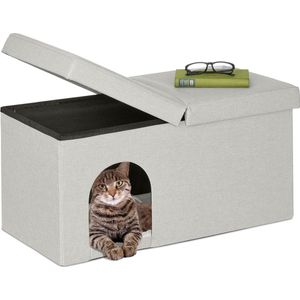 Relaxdays kattenhuis opvouwbaar, stevig zitbankje, indoor kattenmeubel, HxBxD 38,5 x 74,5 x 37 cm, kattenholletje, beige