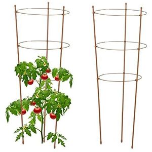 Relaxdays plantensteun set van 2, klimplanten, metaal & kunststof, 76 cm, 3 verstelbare ringen, tomatensteun, bruin