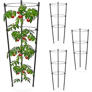 Relaxdays plantensteun - set van 4 - klimhulp - 45 cm - tomatensteun - 3 ringen - zwart